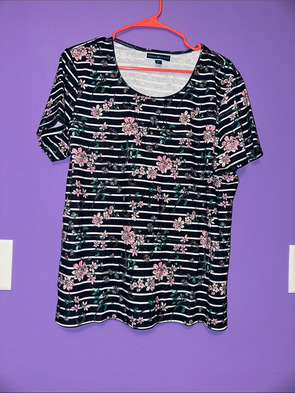 Karen Scott Black Striped Short Sleeve Tee with Pink Floral Print